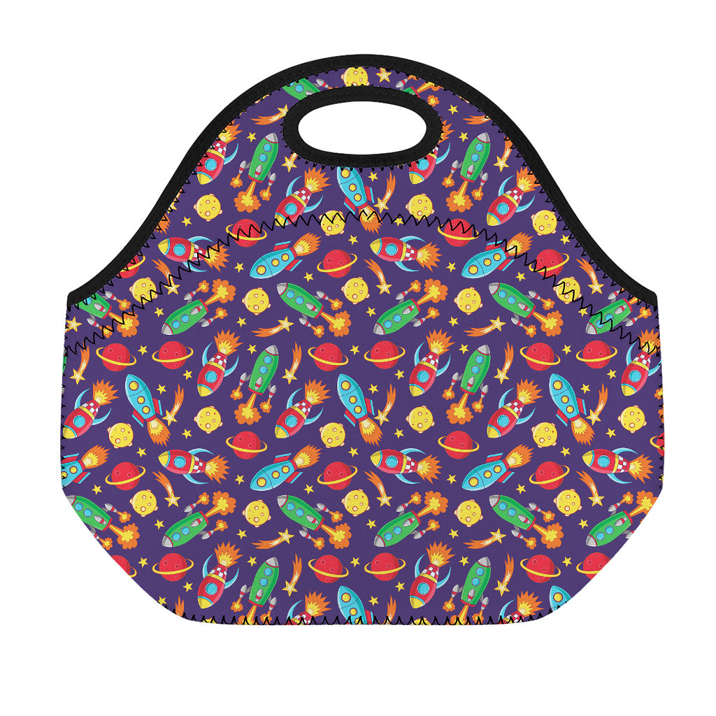 Space Rockets Pattern Print Neoprene Lunch Bag