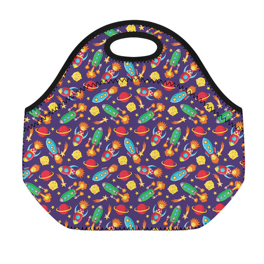 Space Rockets Pattern Print Neoprene Lunch Bag