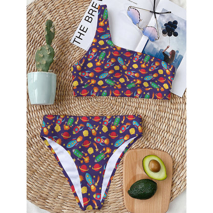 Space Rockets Pattern Print One Shoulder Bikini Top