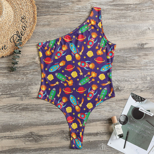 Space Rockets Pattern Print One Shoulder Bodysuit