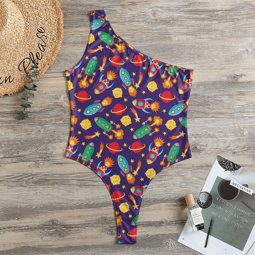 Space Rockets Pattern Print One Shoulder Bodysuit
