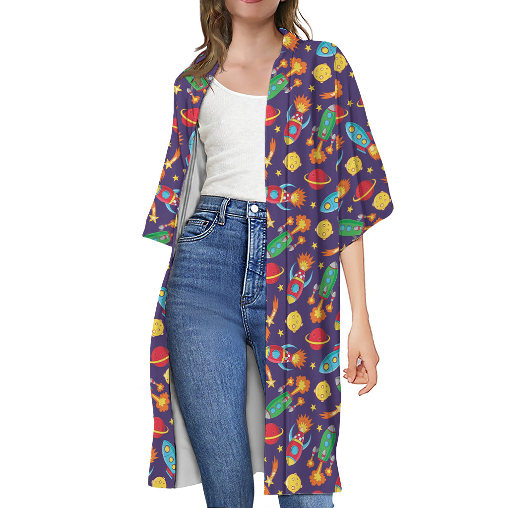 Space Rockets Pattern Print Open Front Beach Cover Up