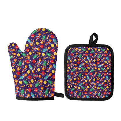 Space Rockets Pattern Print Oven Mitt And Pot Holder Set