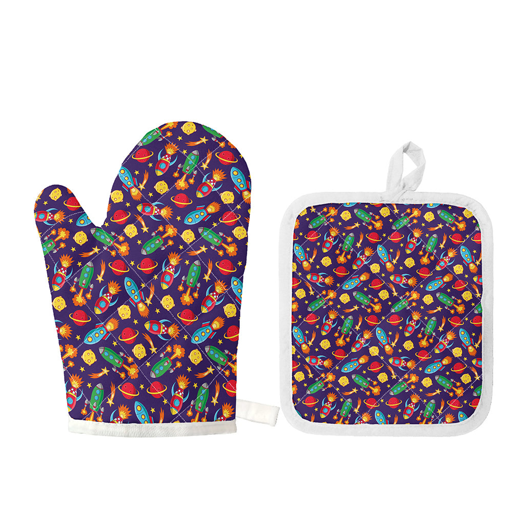 Space Rockets Pattern Print Oven Mitt And Pot Holder Set