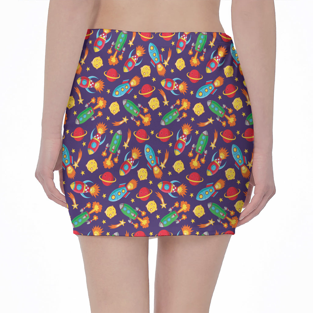 Space Rockets Pattern Print Pencil Mini Skirt