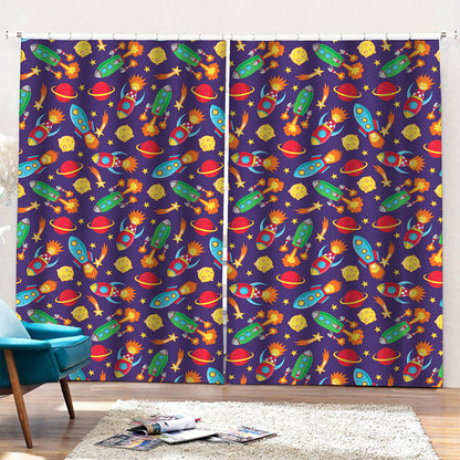 Space Rockets Pattern Print Pencil Pleat Curtains