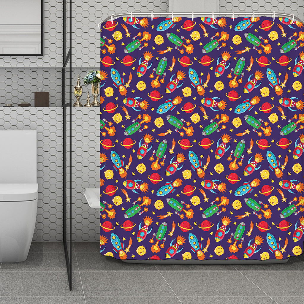 Space Rockets Pattern Print Polyester Shower Curtain