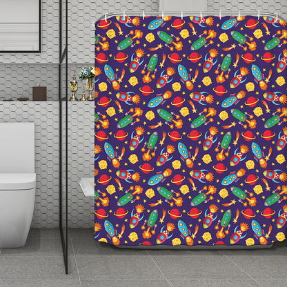 Space Rockets Pattern Print Polyester Shower Curtain
