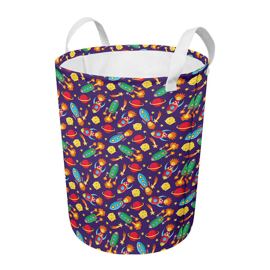 Space Rockets Pattern Print Round Laundry Basket