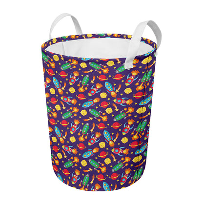 Space Rockets Pattern Print Round Laundry Basket