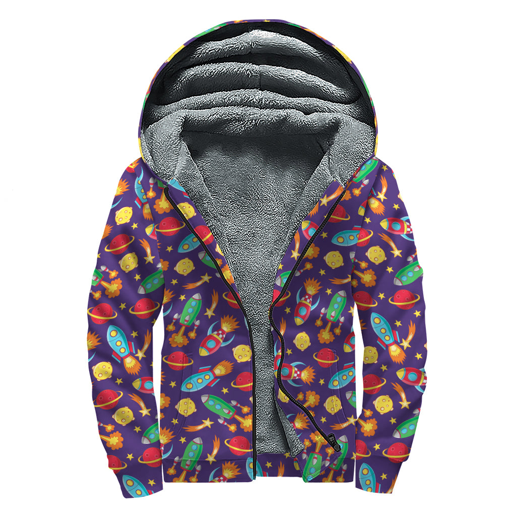 Space Rockets Pattern Print Sherpa Lined Zip Up Hoodie
