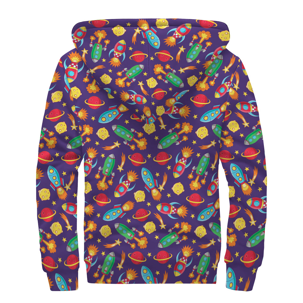 Space Rockets Pattern Print Sherpa Lined Zip Up Hoodie