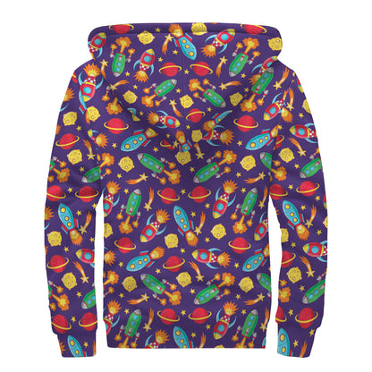 Space Rockets Pattern Print Sherpa Lined Zip Up Hoodie