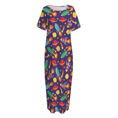 Space Rockets Pattern Print Short Sleeve Long Nightdress