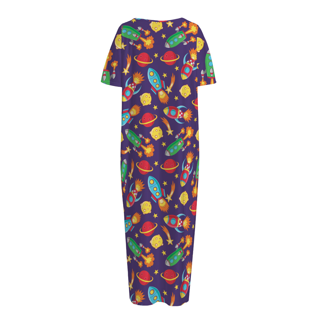 Space Rockets Pattern Print Short Sleeve Long Nightdress