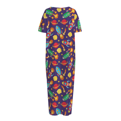 Space Rockets Pattern Print Short Sleeve Long Nightdress