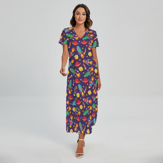 Space Rockets Pattern Print Short Sleeve Maxi Dress