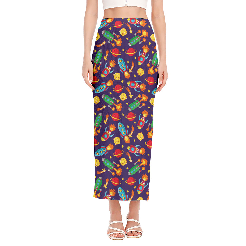 Space Rockets Pattern Print Side Slit Maxi Skirt