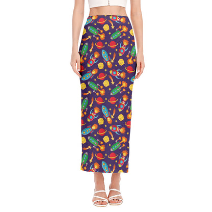 Space Rockets Pattern Print Side Slit Maxi Skirt