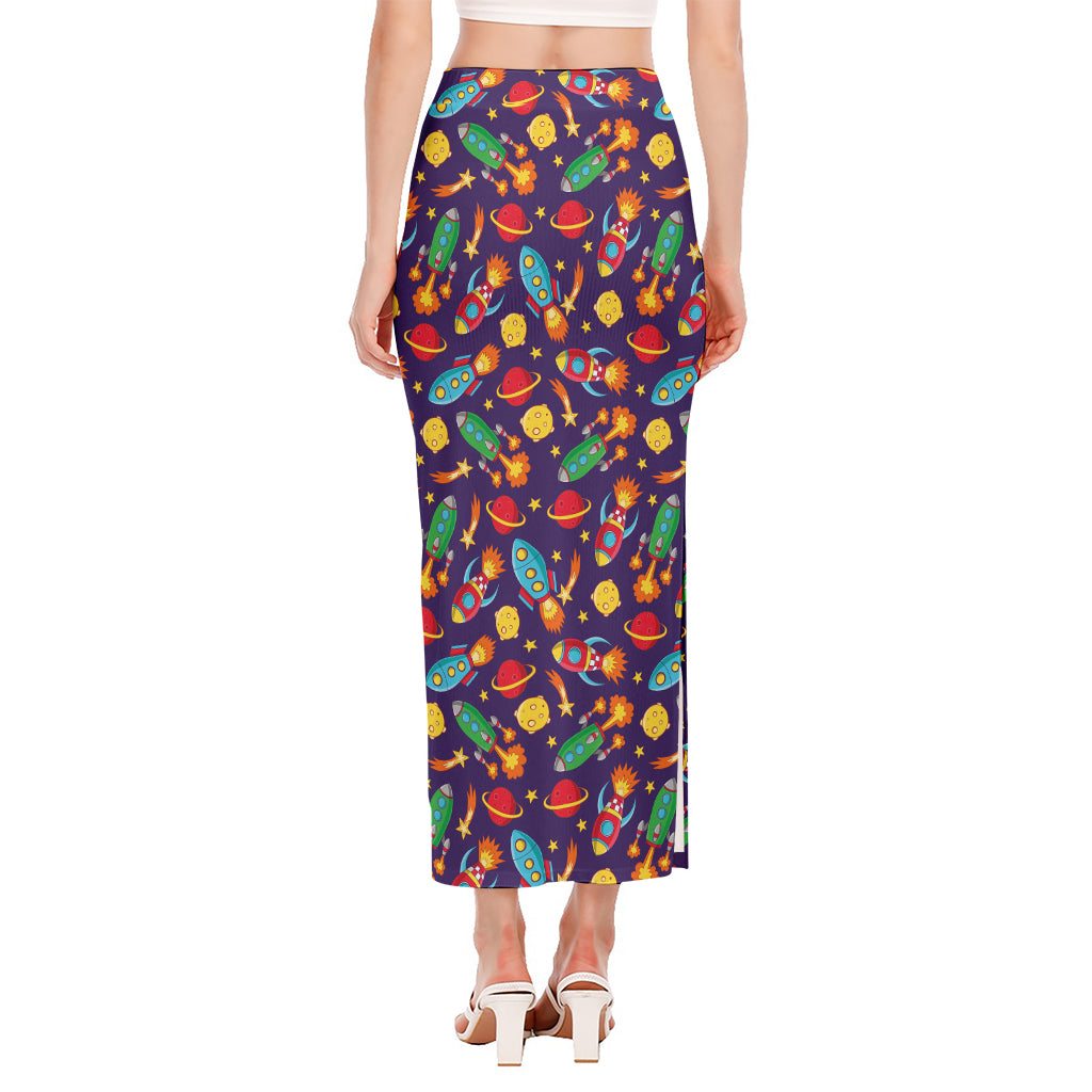 Space Rockets Pattern Print Side Slit Maxi Skirt