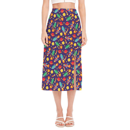 Space Rockets Pattern Print Side Slit Midi Skirt
