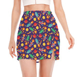 Space Rockets Pattern Print Side Slit Mini Skirt