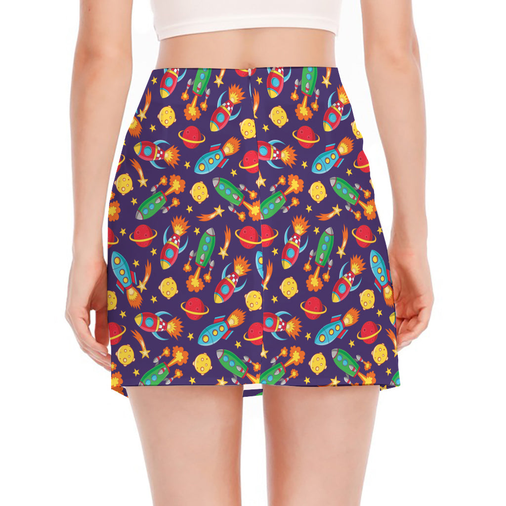 Space Rockets Pattern Print Side Slit Mini Skirt