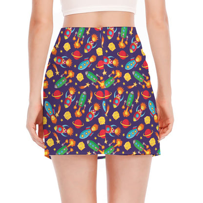 Space Rockets Pattern Print Side Slit Mini Skirt