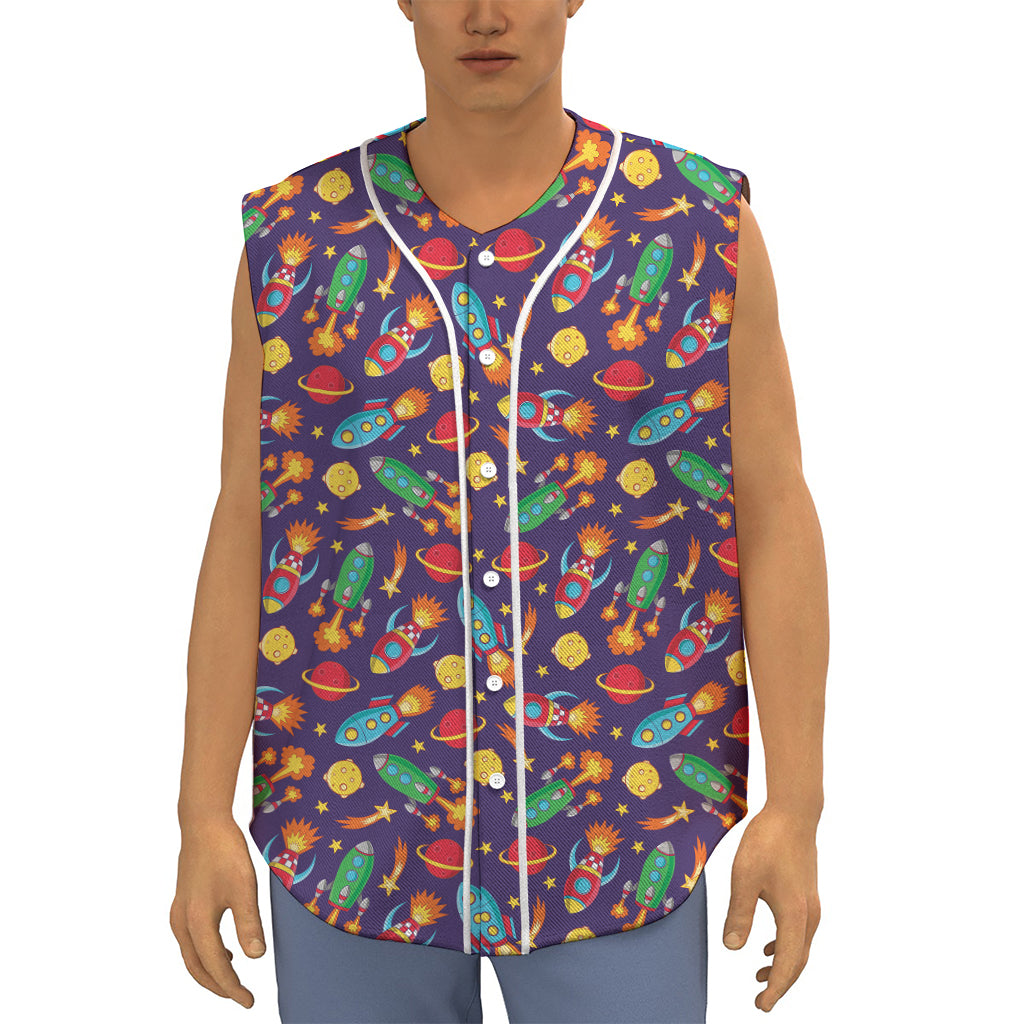 Space Rockets Pattern Print Sleeveless Baseball Jersey