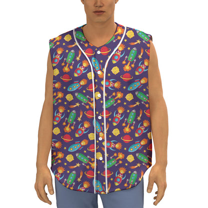 Space Rockets Pattern Print Sleeveless Baseball Jersey