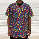 Space Rockets Pattern Print Textured Short Sleeve Shirt