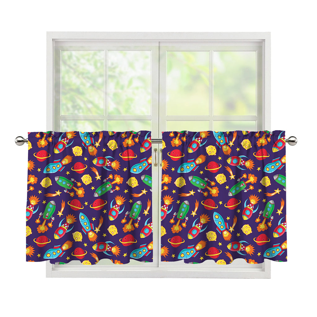 Space Rockets Pattern Print Tier Curtains