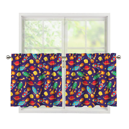 Space Rockets Pattern Print Tier Curtains