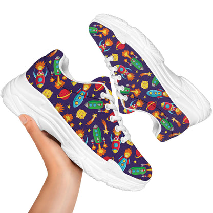 Space Rockets Pattern Print White Chunky Shoes