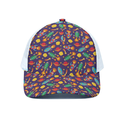 Space Rockets Pattern Print White Mesh Trucker Cap