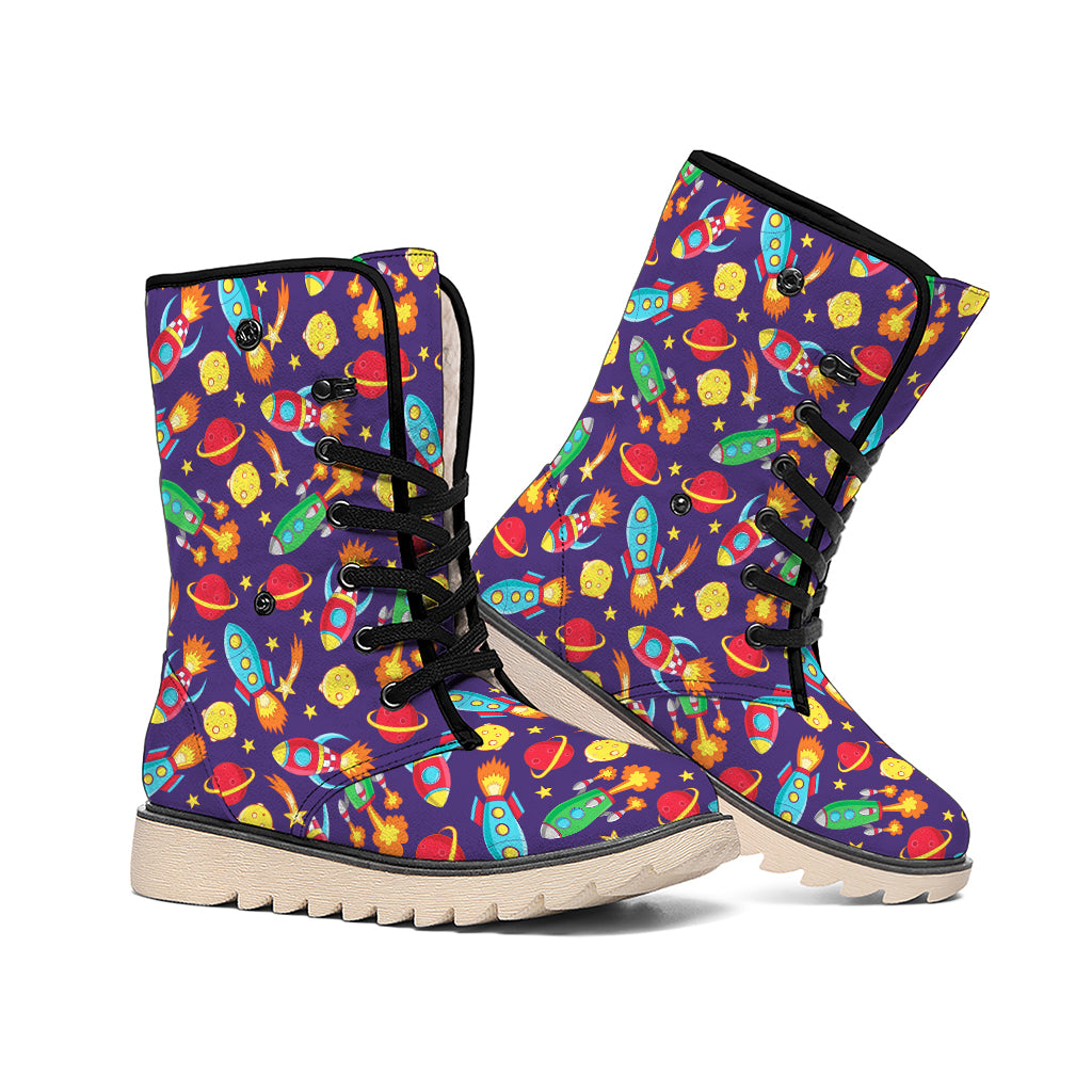 Space Rockets Pattern Print Winter Boots