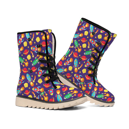 Space Rockets Pattern Print Winter Boots