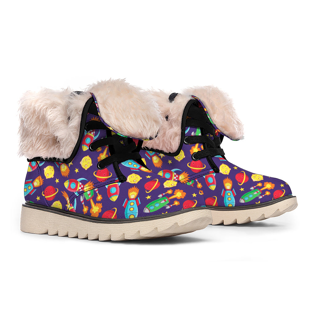 Space Rockets Pattern Print Winter Boots