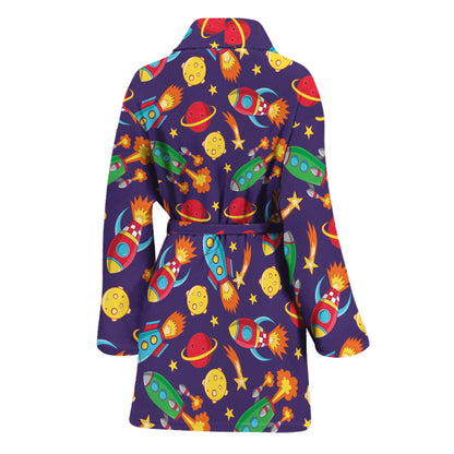 Space Rockets Pattern Print Women's Bathrobe
