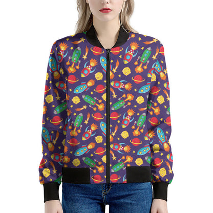 Space Rockets Pattern Print Women's Bomber Jacket