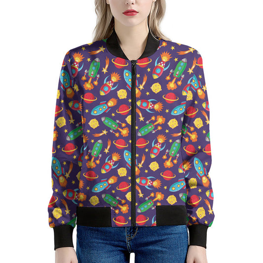 Space Rockets Pattern Print Women's Bomber Jacket
