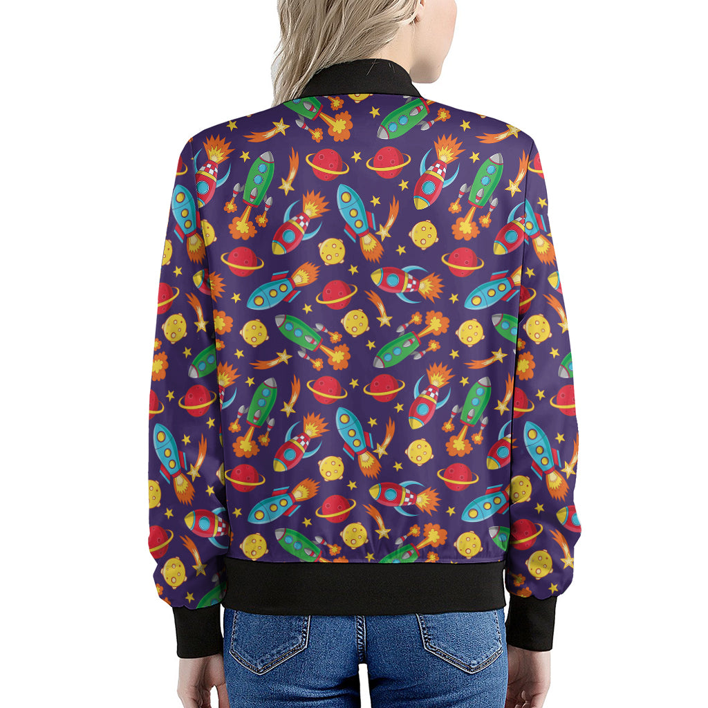 Space Rockets Pattern Print Women's Bomber Jacket
