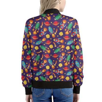 Space Rockets Pattern Print Women's Bomber Jacket