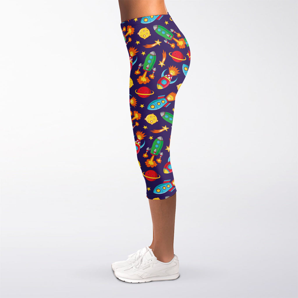 Space Rockets Pattern Print Women's Capri Leggings