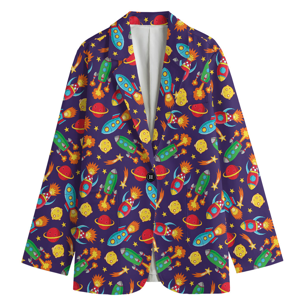 Space Rockets Pattern Print Women's Cotton Blazer