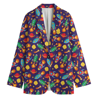 Space Rockets Pattern Print Women's Cotton Blazer