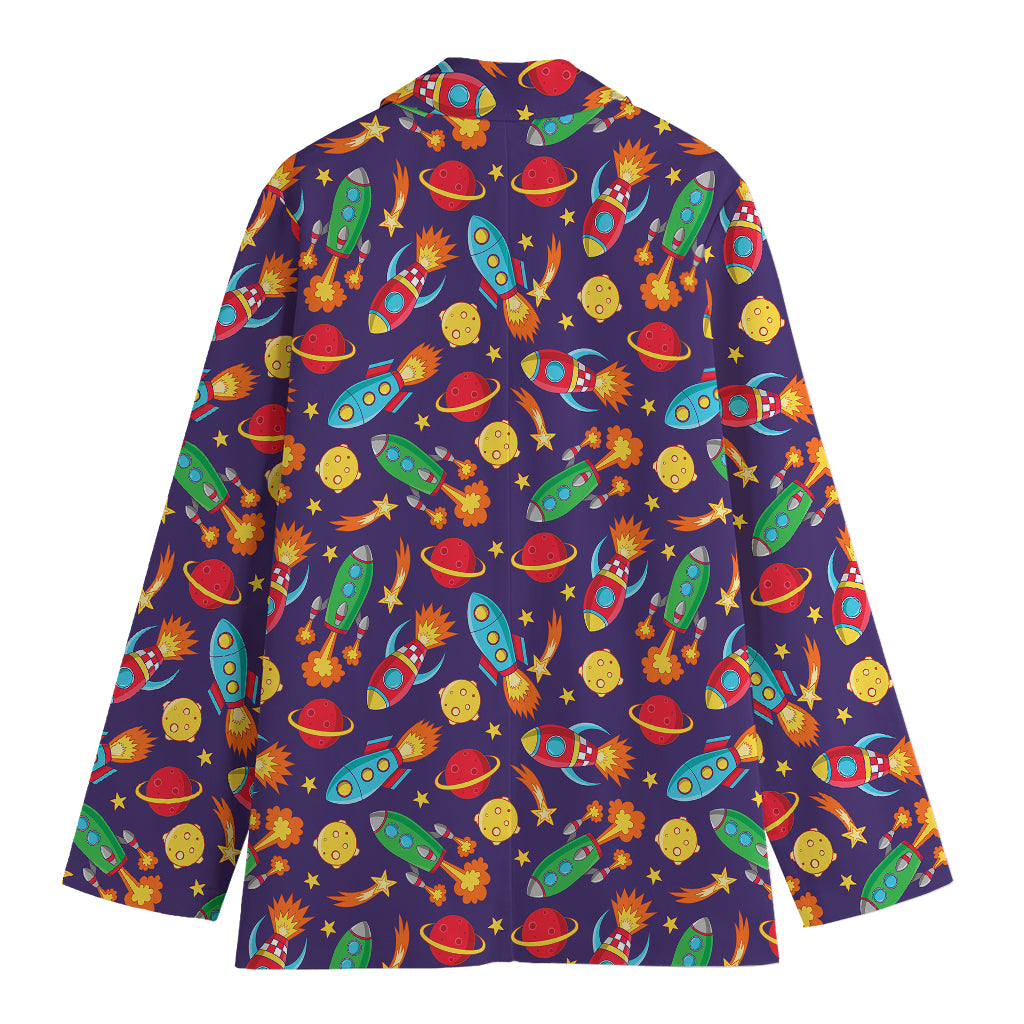 Space Rockets Pattern Print Women's Cotton Blazer