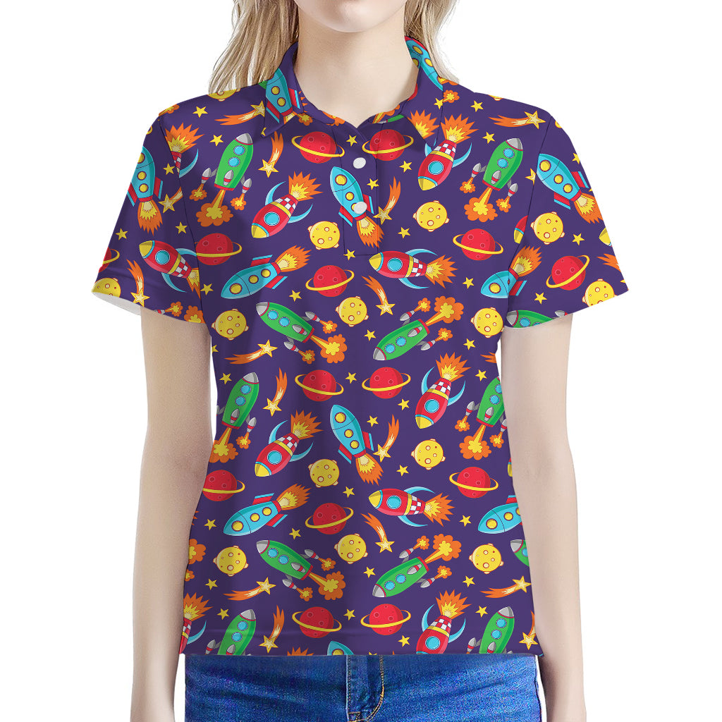 Space Rockets Pattern Print Women's Polo Shirt