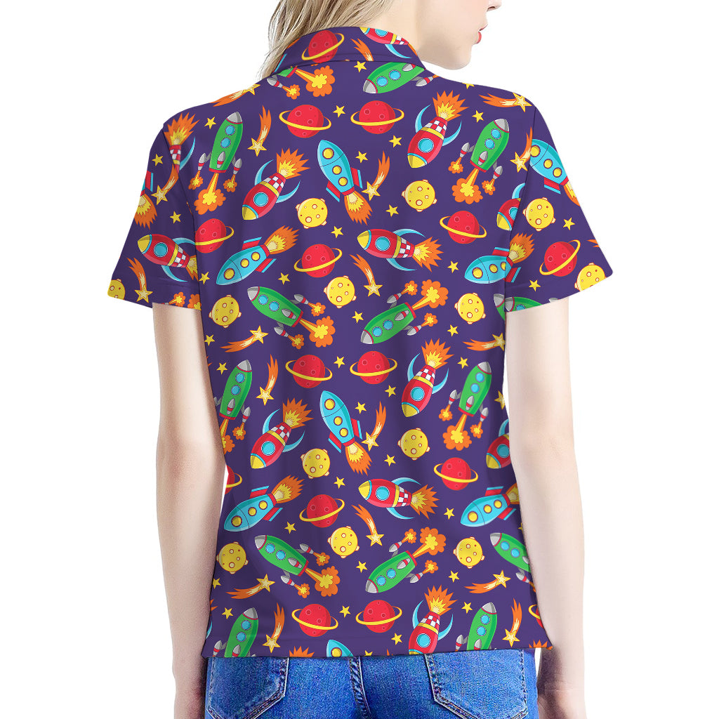 Space Rockets Pattern Print Women's Polo Shirt