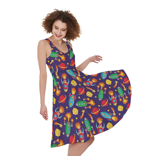Space Rockets Pattern Print Women's Sleeveless Dress